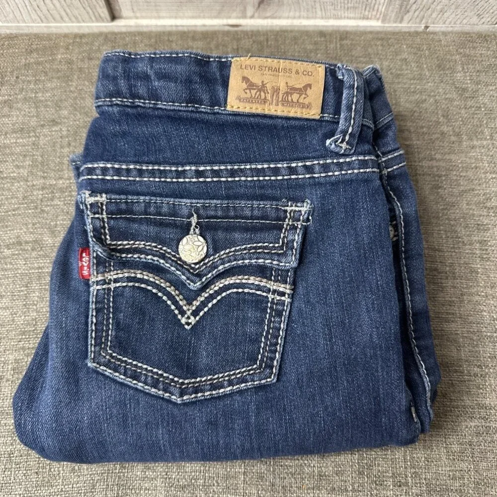 Levis Strauss Girls Boot Cut Denim Blue Jeans 16 Reg Adj Waist Pockets Western - Picture 3 of 7